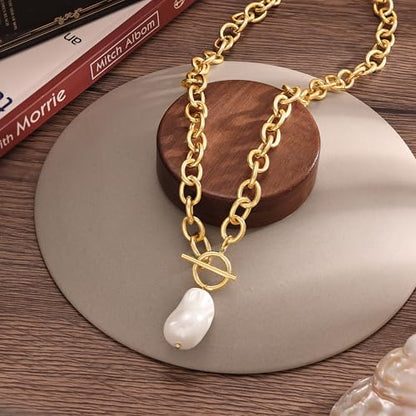 CHESKY 14K Gold Plated Chunky Necklace for Women, Trendy Toggle Clasp | Statement Pendant Necklace, Layered Paperclip Chain, Toggle Clasp Design, Thick Gold Chain, Non Tarnish Everyday Jewelry - color: gold, style: pearl pendant
