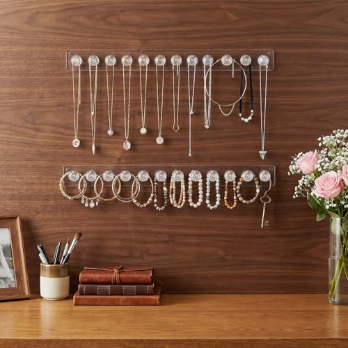 6 Pcs Clear Acrylic Necklace Holder, Acrylic Necklace Organizer Wall Mounted with 12 Hooks, for Hanging Necklace, Jewelry, Bangles, Bracelets and Rings, Best Gifts for Girls and Women