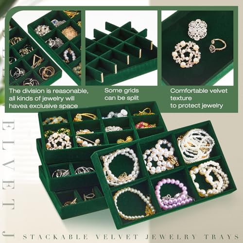12 Pcs Jewelry Tray Velvet Stackable Jewelry Organizer Trays Divided Earring Accessories Storage Containers Box (Rose Red) - color: Green