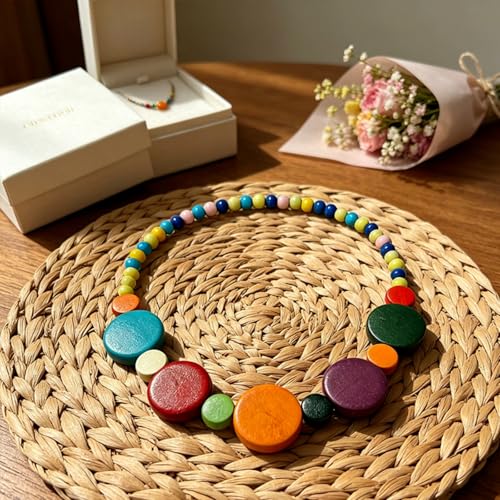 ONLYJUMP Colorful Ethnic Wooden Jewelry Set for Women Round Statement Dangle Earrings Multilayered Geometric Beaded Bracelet Necklace Exaggerated Tribal Style Jewelry - color: Colorful B