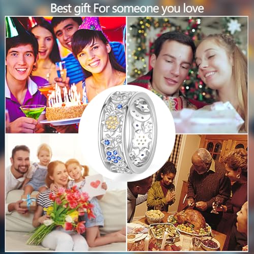 KUNSIR 925 Silver Cubic Zirconia Ring Size 7-9 Wedding Band Sterling Silver Eternity Ring Modern Style - style: Wide Band Star and Moon Ring