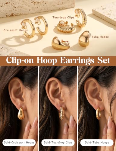 Giovanchi 3Pairs Clip on Earrings for Women with Non-Pierced Ears - Trendy Hypoallergenic 14K Gold Plated Chunky Tube Croissant Waterdrop Clip on Hoop Earrings - style: A-Gold