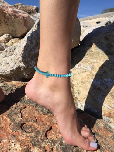Starain Stone Beaded Anklets for Women Handmade Beach Turquoise Beads Ankle Bracelet Trendy Boho Cross Bead Anklet Jewelry 8 inch Adjustable - color: A
