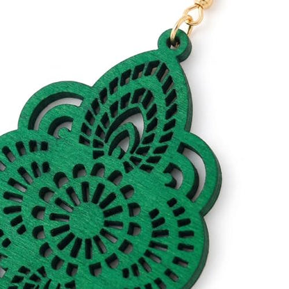 Boho Black Filigree Dangle Earrings for Women, Lightweight Hollow Lace Drop, Wood, 3.34" x 1.69", Bohemian Jewelry - color: Green