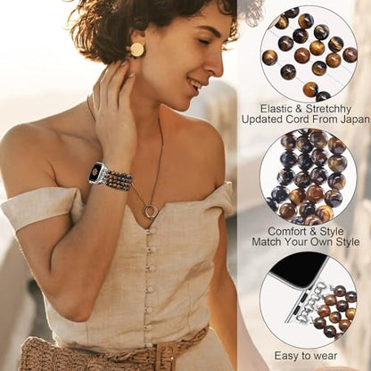 Newlibery Natural Stone Bracelet Beaded-Bands Women Compatible with Apple Watch 38mm 40mm 41mm 42mm (S10/11) Feminine Cute Handmade Stretch Strap for iWatch Series 11/10/9/8/7/6/5/4/3/2/1 SE 3/2/1 - color: A6 Tiger's Eye, size: 38/40/41/42mm(s10/11)