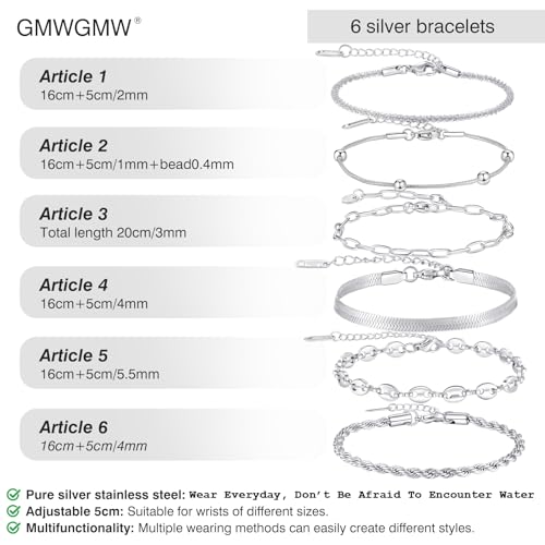 18K Gold Plated Necklace Bracelet Set Womens Stackable Adjustable Stainless Steel Minimalist Modern Everyday Jewelry Gift Gold and Silver - style: 6 Pcs Silver Bracelets