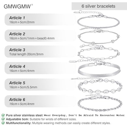 18K Gold Plated Necklace Bracelet Set Womens Stackable Adjustable Stainless Steel Minimalist Modern Everyday Jewelry Gift Gold and Silver - style: 6 Pcs Silver Bracelets