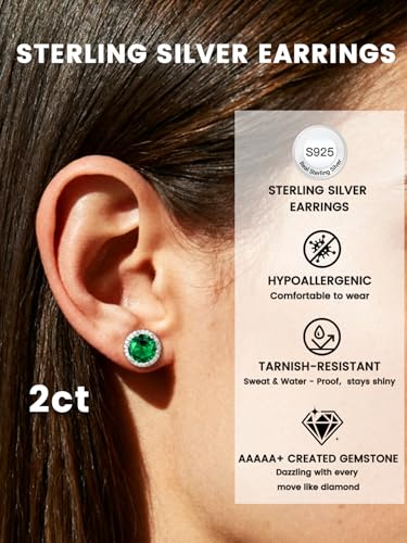 Bestyle Authentic 925 Sterling Silver 2 Carat Birthstone Earrings for Women, More Sparkle Heart/Round Solitaire Diamond Studs Earrings, Great Birthday/Christmas/Anniversary Jewelry for Wife Mother - color: 05. May Emerald-Round