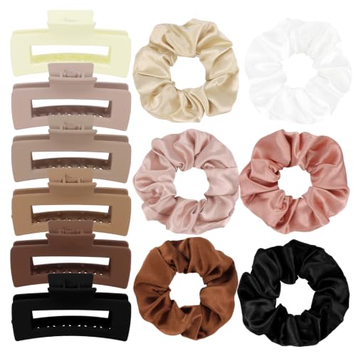 12Pcs Hair Clips & Satin Hair Scrunchies Set for Women, Neutral Color | 6 Medium Matte Non-Slip Claw Clips for Thin Thick Curly Hair, 6 Soft Satin Scrunchies, Hair Accessories for Women Daily Wear - color: Neutral Tones Set