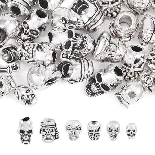 Elecrelive 28Pcs Antique Silver Skull Beads Halloween Skeleton Head Beads 7 Styles Gothic Charms for Necklace Bracelets Earrings Jewelry Making - color: Tibetan Silver