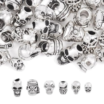 Elecrelive 28Pcs Antique Silver Skull Beads Halloween Skeleton Head Beads 7 Styles Gothic Charms for Necklace Bracelets Earrings Jewelry Making - color: Tibetan Silver