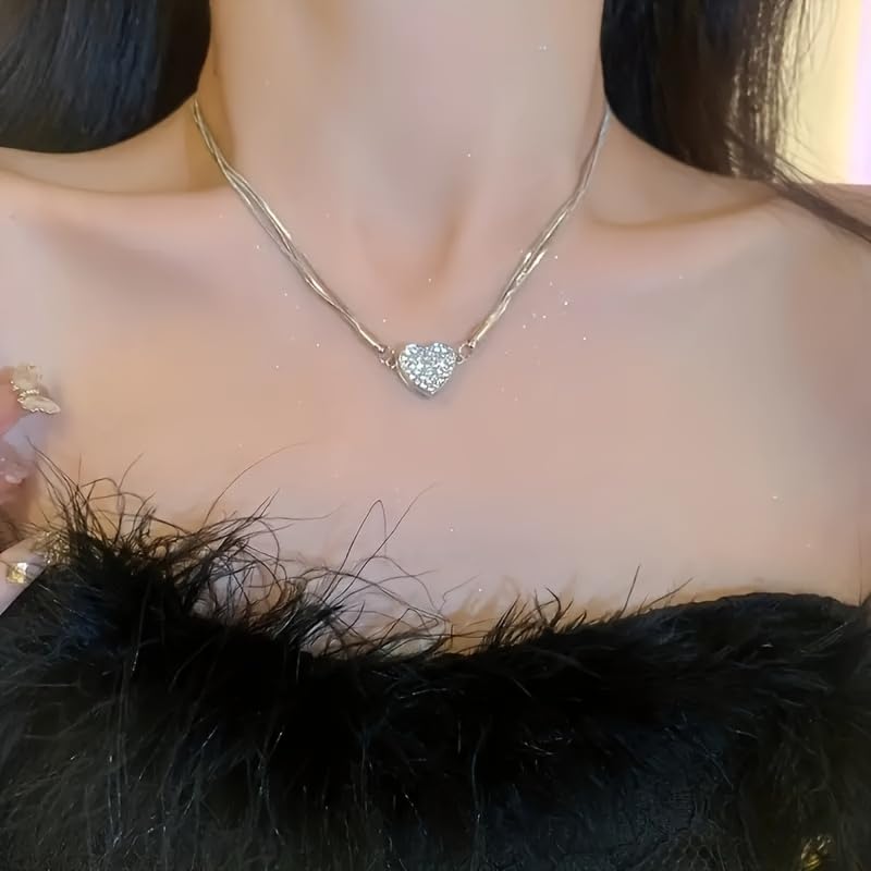 1 Pc, Silver Tone Layered Necklace, CZ Crystal Heart Pendant & Snake Chain, Dainty Shiny Style Jewelry (Silver)
