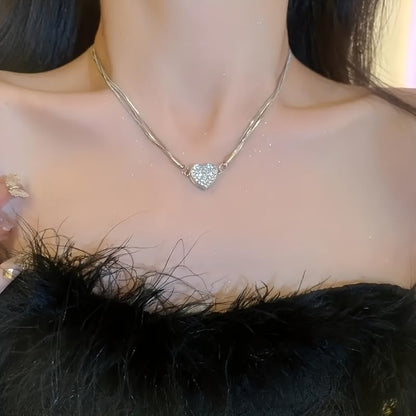 1 Pc, Silver Tone Layered Necklace, CZ Crystal Heart Pendant & Snake Chain, Dainty Shiny Style Jewelry (Silver)