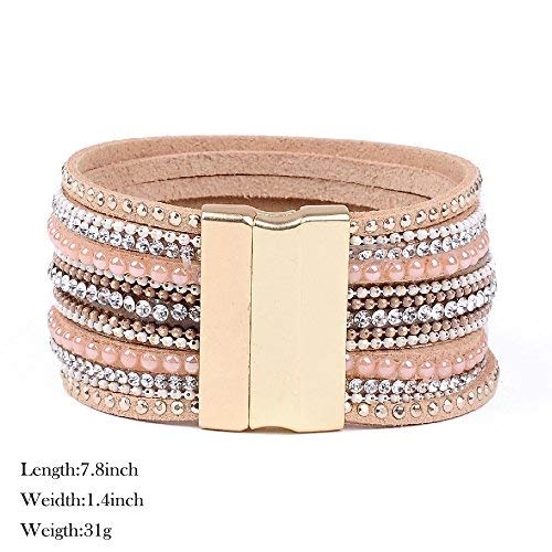 Artilady Leather Wrap Bracelet for Women, Pearl Beaded Bangle Stack Jewelry | Easy on-off, Elegant Handmade Multi-Layered, Daily Casual Date Beach Vacation, Gift for Ladies, Mother, Sister & Friend - style: Shining Pink