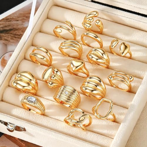 Chunky Rings for Women Non Tarnish 14k Stackable Dome Statement Rings Sets Vintage Dainty Knuckle Open Midi Finger Rings Jewelry Pack Gifts - style: Gold 16PCS