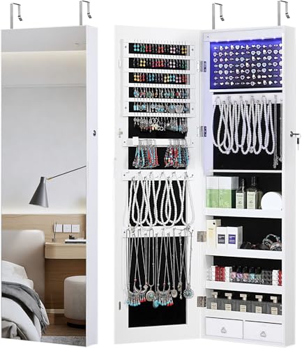 GISSAR Full Length Mirror Jewelry Cabinet, 6 LEDs Jewelry Armoire Wall Mounted Over The Door Hanging, Jewelry Organizer Storage with Lights Lockable, Bright White, 14.6" x 47.2" - color: White 2