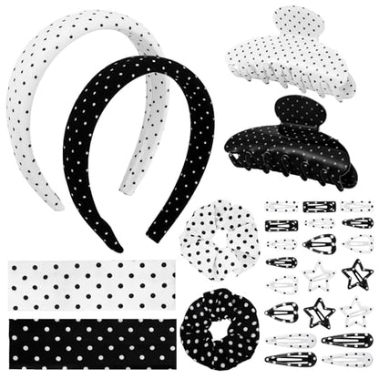 JATEBI 28 Pcs Polka Dot Hair Accessories Kit for Women Includes Fashion Headband, Elastic Band, Claw Clip, Mental Clips, Scrunchie, Ideal Polka Dot Hair Gift for Women Girls