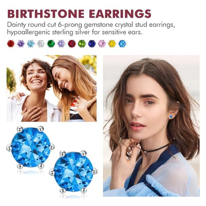DAYBYDAY 925 Sterling Silver Birthstone Earrings for Women, Crystal Stud Earrings, 6.5mm Round Cut Solitaire Gemstone Earrings Birthday Jewelry - style: Round Cut-12. Dec/created blue topaz