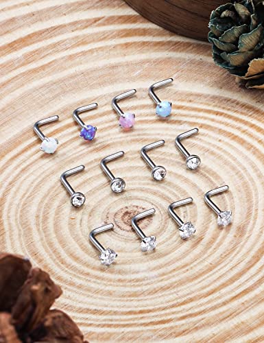 Cisyozi 18G 20G 22G Nose Rings Studs Surgical Steel Nose Stud Set 1.5mm 2mm 2.5mm 3mm Diamond Cubic Zirconia Opal Screw L Shaped Straight Nose Piercing Jewelry for Women Men - color: A:22G-L Shaped -3mm