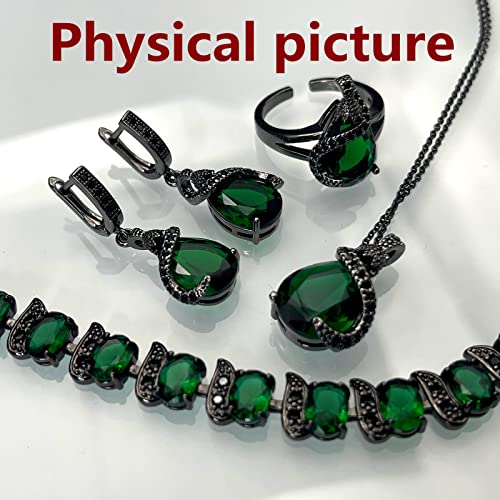 GZWHD Jewelry Set for Women Water Drop Cubic Zirconia Artificial Crystal Earrings Pendant Necklace Open Ring Tennis Bracelet Wedding Anniversary Birthday Engagement Gift for Bridesmaid Wife Girlfriend Friend - color: Black Gun-Green