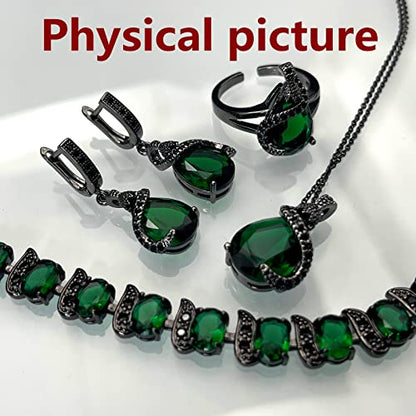 GZWHD Jewelry Set for Women Water Drop Cubic Zirconia Artificial Crystal Earrings Pendant Necklace Open Ring Tennis Bracelet Wedding Anniversary Birthday Engagement Gift for Bridesmaid Wife Girlfriend Friend - color: Black Gun-Green