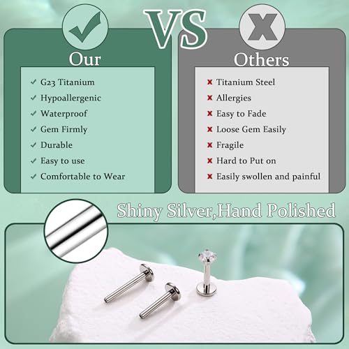 LOLIAS 16G G23 Titanium Tragus Conch Helix Piercing Jewelry 6mm 8mm 10mm - Internally Threaded Flat Back Stud Cartilage Earrings Hypoallergenic Forward Earlobe Labret Tragus Piercing Jewelry - color: Clear CZ-Titanium