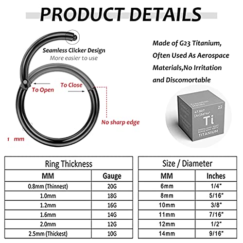LOYALLOOK 8Pcs G23 Titanium Hinged Clicker Segment Nose Rings Hoop Septum Nose Lip Ring Hoop for Women Men Helix Cartilage Daith Tragus Sleeper Earrings Body Piercing Improved 16G - color: 18G-Black