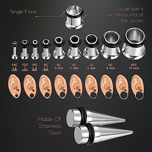 BodyJ4You 36PC Ear Stretching Kit - Complete Beginner Set 14G-00G | Gauges for Ears Stainless Steel Tapers Single Flare Plugs Tunnels - Dead Stretching Lobe Men Women Expander - color: Silvertone, Single Flare
