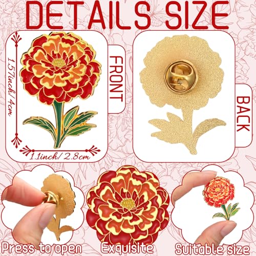 Liliaafar 24/48 Pcs Marigold Flower Enamel Pin Bulk Women Gold Lapel Brooch Marigold Floral Lapel Pin for Clothing Jacket Bags Hats