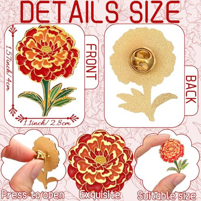 Liliaafar 24/48 Pcs Marigold Flower Enamel Pin Bulk Women Gold Lapel Brooch Marigold Floral Lapel Pin for Clothing Jacket Bags Hats
