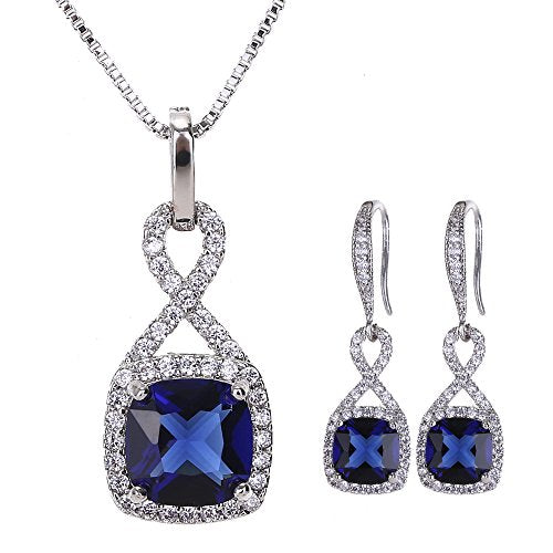 AMYJANE Crystal Jewelry Set for Women - Sterling Silver Square Cubic Zirconia CZ Bridal Pendant Necklace Earrings Set for Wedding Bride Bridesmaids Birthstone Fashion Jewelry Set - color: Sapphire
