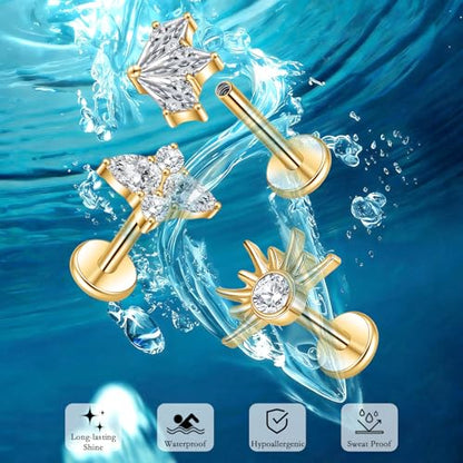 limerencia Titanium Internally Threaded Flat Back Earrings, 3 Pcs Implant Grade Hypoallergenic Studs, 18G Tragus Helix Conch Cartilage Piercing Jewelry for Sensitive Ears Women Men, Gold/Silver - color: Gold-Vibe D