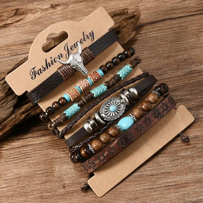 LOTSOF Western Turquoise Beaded Bracelet, Chic Stack Beaded Western Style for Country Concerts, Cowgirl Outfits & Boho Jewelry - color: Cow Head Charm Stretch Bracelet