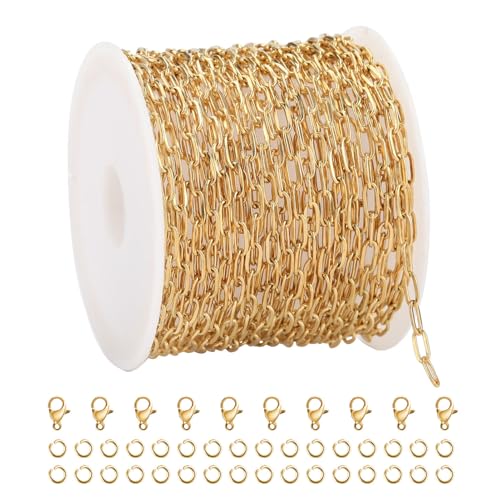 UMAOKANG 16.4 Feet Gold Plated Chain for Jewelry Making Stainless Steel Paperclip Jewelry Chains Bulk with Jewelry Findings - color: Gold Small Paperclip