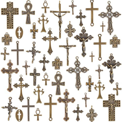 stino 100 Gram Metal Charms for Jewelry Making, Silver & Gold Plated, Bulk Pack for Bracelets, Necklaces, Crafts - color: Cross Bronze