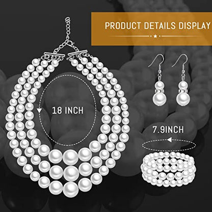 Haysandy Pearl Jewelry Set for Women 20s Jewelry Gift | Retro Layered Necklace Bracelet Earring, Costume Accessories for Derby Wedding Prom Party, Dress Matching Occasions - color: White