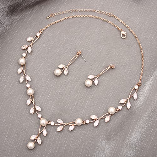 Luxury Cubic Zirconia Aurtrian Crystal Pearl Floral Necklace Dangle Earrings Wedding Bridal Jewelry Set Birthday Gifts for Her - color: Style2-Clear-Rose Gold Plated