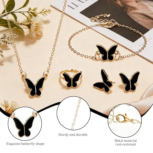 Butterfly Jewelry Set, Including Butterfly Necklace, Bracelet, Stud Earrings, and Adjustable Ring for Women - color: Black