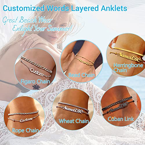 PROSTEEL Trendy Handcuffs Design/Customize Words Ankle Bracelet For Women, 316L Stainless Steel Anklets Silver/Gold/Black Tone, Hypoallergenic, Come with Box - style: 08 Customize-Cuban Link(8.5"-10.5")-Luxury Gold
