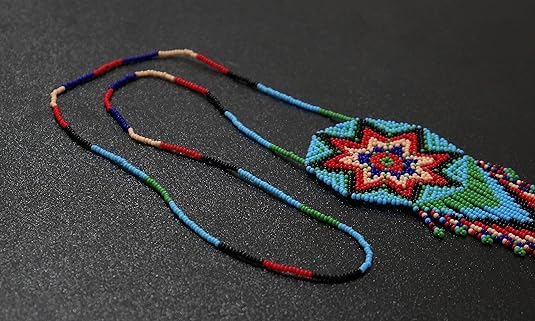 Weavish Medallion Beaded Necklace – Boho Native Handmade Seed Bead Tassel Necklace, Bohemian Large Statement Beaded Necklace for Women With Matching Elastic Bracelet