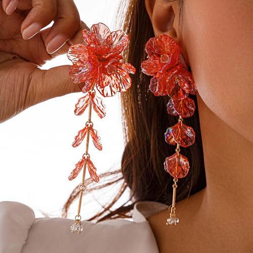 Fabric Flower Earrings for Women Colorful Long Tassel Floral Drop Earrings Fashion Boho Exaggerated Statement Beach Party Jewelry - color: acrylic red