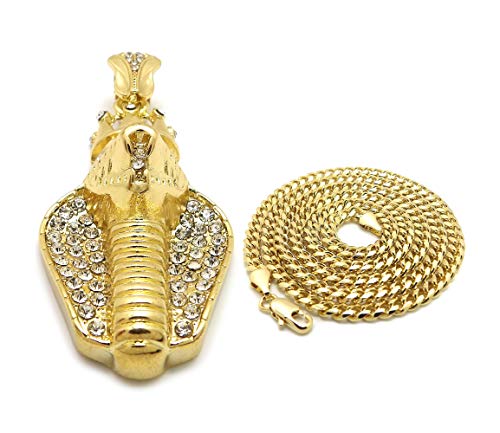 Fashion 21 Unisex Iced Out King Crowned Cobra Snake Pendant 24" Various Chain Necklace in Gold, Silver Tone - color: Gold / 3mm 24" Cuban Chain