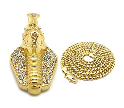 Fashion 21 Unisex Iced Out King Crowned Cobra Snake Pendant 24" Various Chain Necklace in Gold, Silver Tone - color: Gold / 3mm 24" Cuban Chain