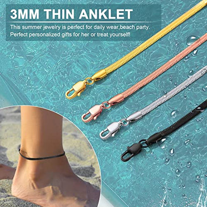 Adjustbale Link Chain Anklet for Women Summer Jewelry, 316L Stainless Steel Figaro/Wheat/Twist Rope/Cuban Foot Bracelet-Waterproof, Resizable 9"-12" (Gift Box Included) - color: 6, Herringbone - Black-3mm