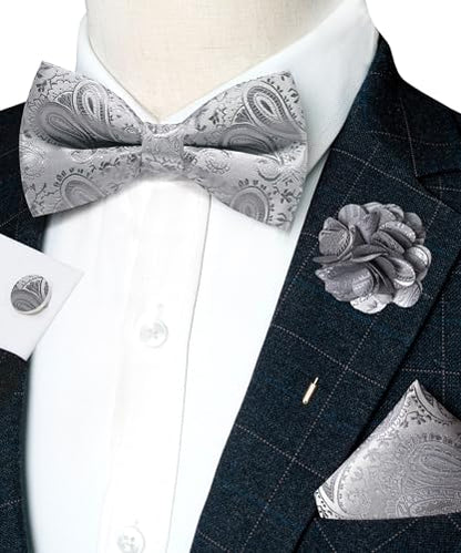 JEMYGINS Mens Paisley Bow Tie and Lapel Pin Necktie Pocket Square and Tie Clip with Sets for Business Casual 4PCS - color: Silver