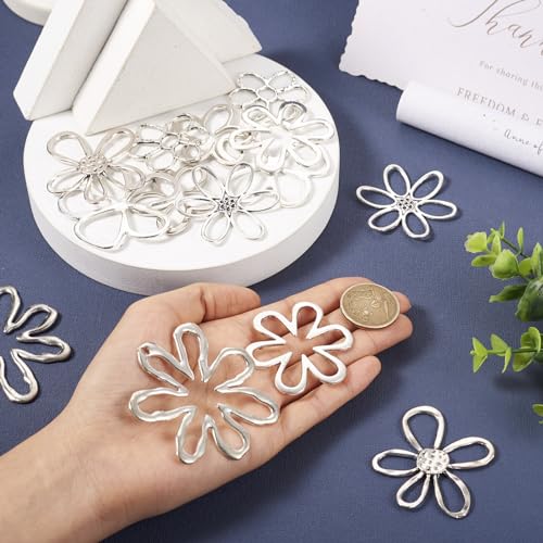 14Pcs Hollow Flower Charms Pendants Antique Silver Floral Connector Charms Flower Theme Alloy Open Back Bezel Frame Charm for UV Resin Pressed DIY Necklace Bracelet Jewelry Making