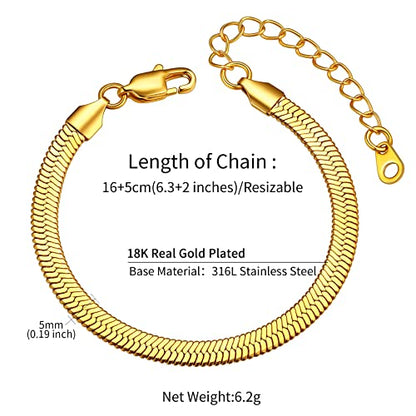 ChainsHouse Stainless Steel Herringbone Flat Chain Bracelets for Women,18K Gold/Rose Gold/Black Metal Paperclip/Snake/Cuban/Figaro Sterling Silver Link Charm Bracelet, 16+5cm Adjustable, With Gift Box - color: f. herringbone-gold-6mm