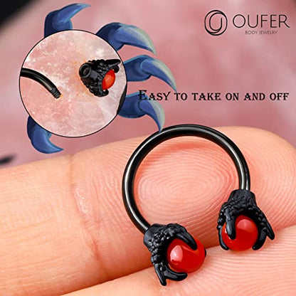 OUFER 316L Surgical Steel Circular Earrings Two White Opals Surrounded by Dragon Claws Cartilage Earing Ear Body Piercing Jewelry Helix Earrings Piercing… - color: Black Red
