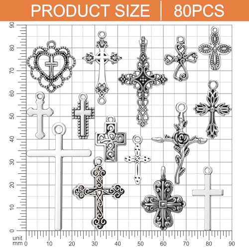 Hicarer 80 Pieces Antique Silver Pendants Gothic Charms Halloween Charms Pendants Jewelry Making Accessory for DIY Necklace Bracelet - style: Cross