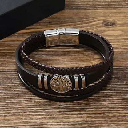 Tree of Life Leather Bracelet for Men, Multi-Layer Braided Religious Mens Cuff Bracelets with Alloy Clasp Anniversary Father's Day Birthday Christmas Jewelry Gifts for Him - color: Coffee